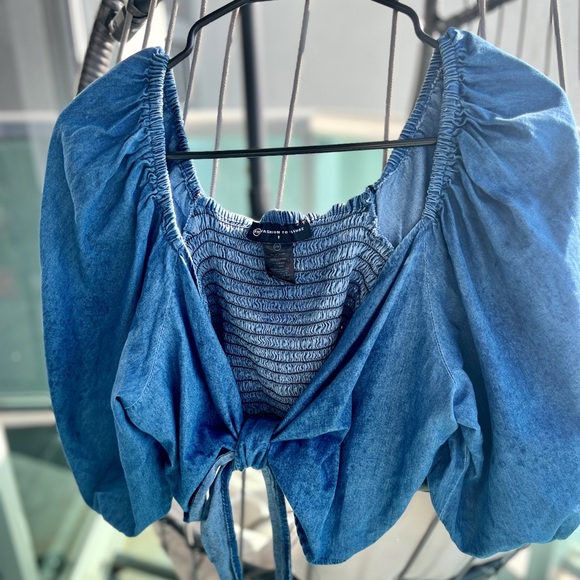 Plus Sz 1X Bow Front Tie Denim Crop Top 100% Cotton - Picture 11 of 12